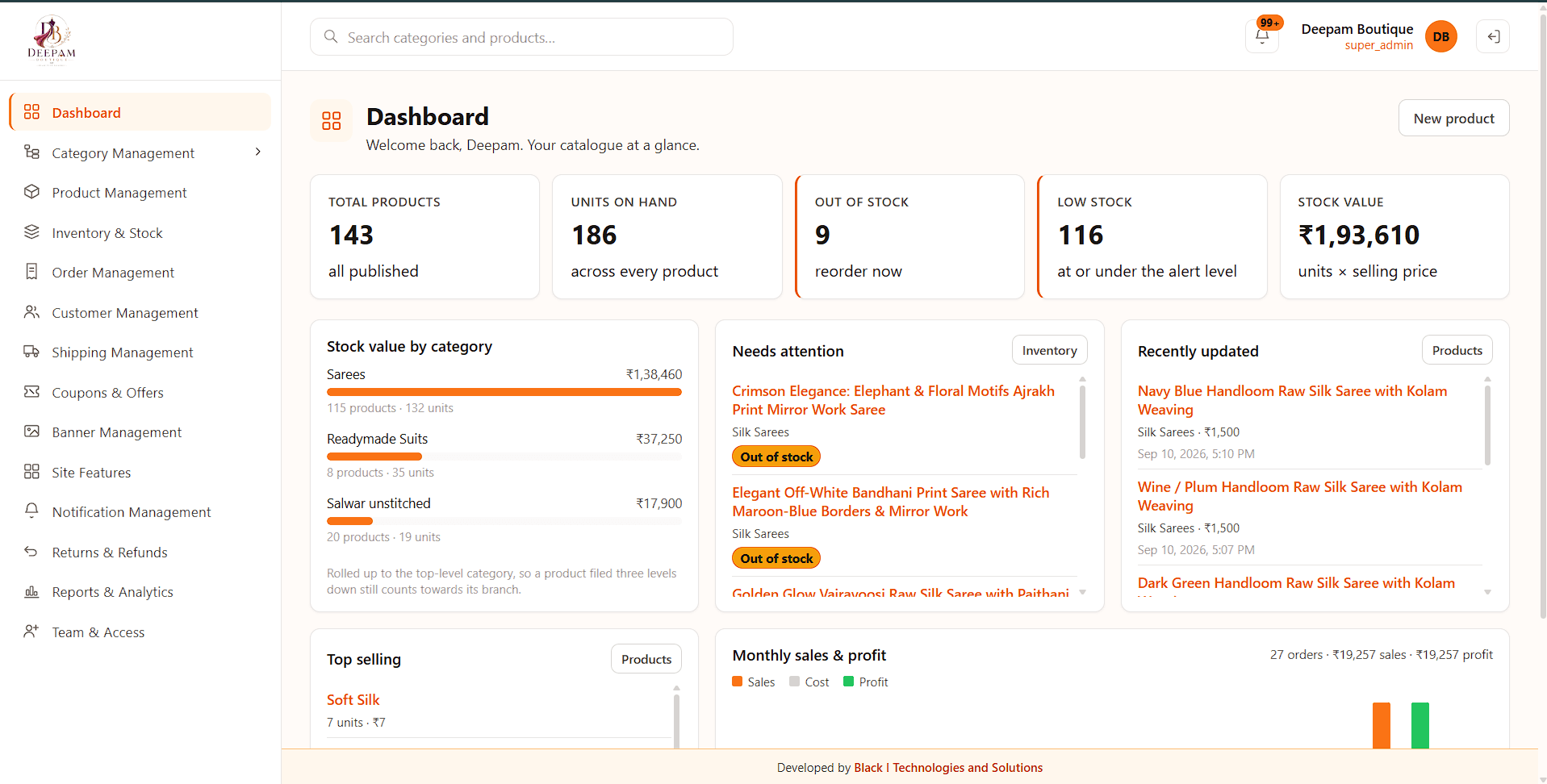 Deepam Boutique admin dashboard: 143 products, units on hand, low-stock alerts, stock value by category and monthly sales, with modules for categories, products, inventory, orders, customers, shipping, coupons, banners, returns and reports.