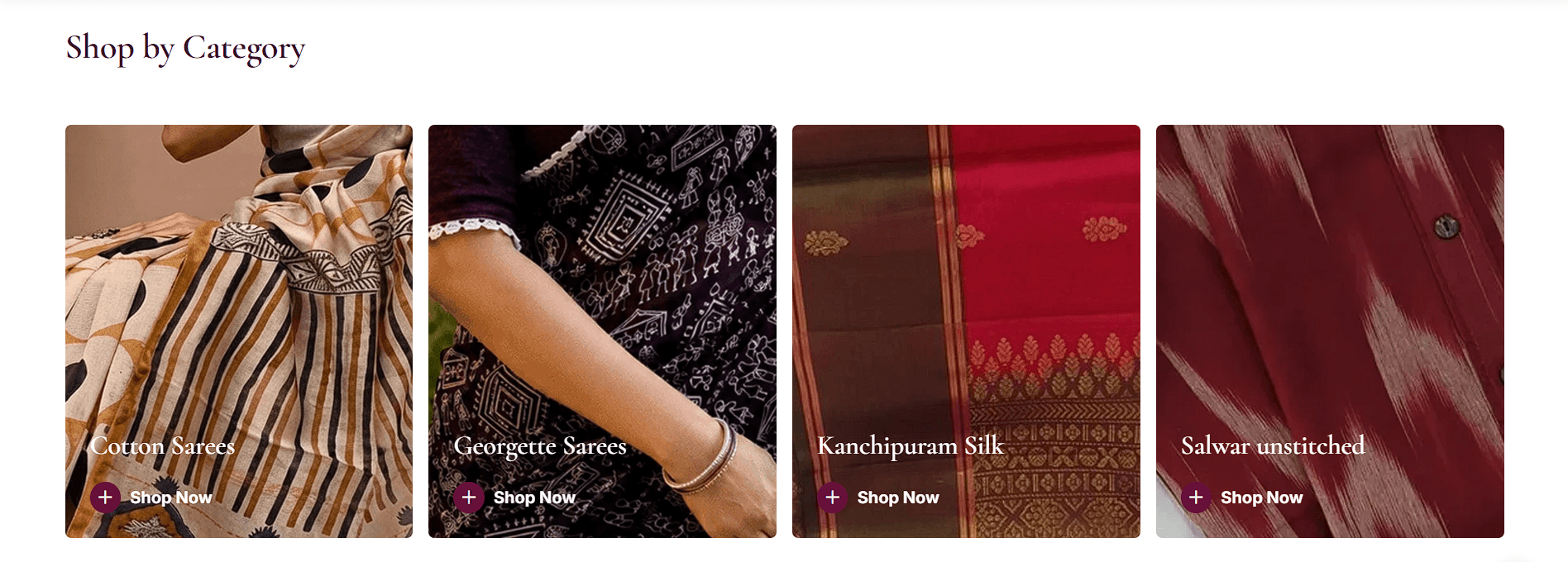 Deepam Boutique home page, Shop by Category: Cotton Sarees, Georgette Sarees, Kanchipuram Silk and Salwar unstitched, each a photo tile with a Shop Now button.