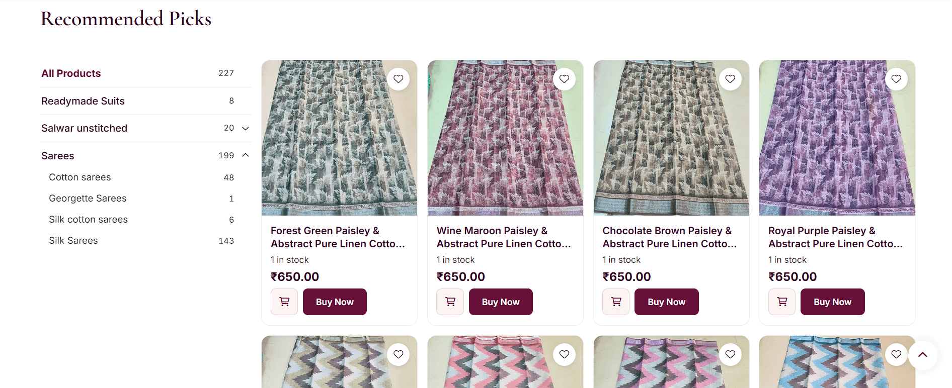 Deepam Boutique home page, Recommended Picks: a category list with product counts beside linen cotton sarees at ₹650, each with stock, a cart button and Buy Now.