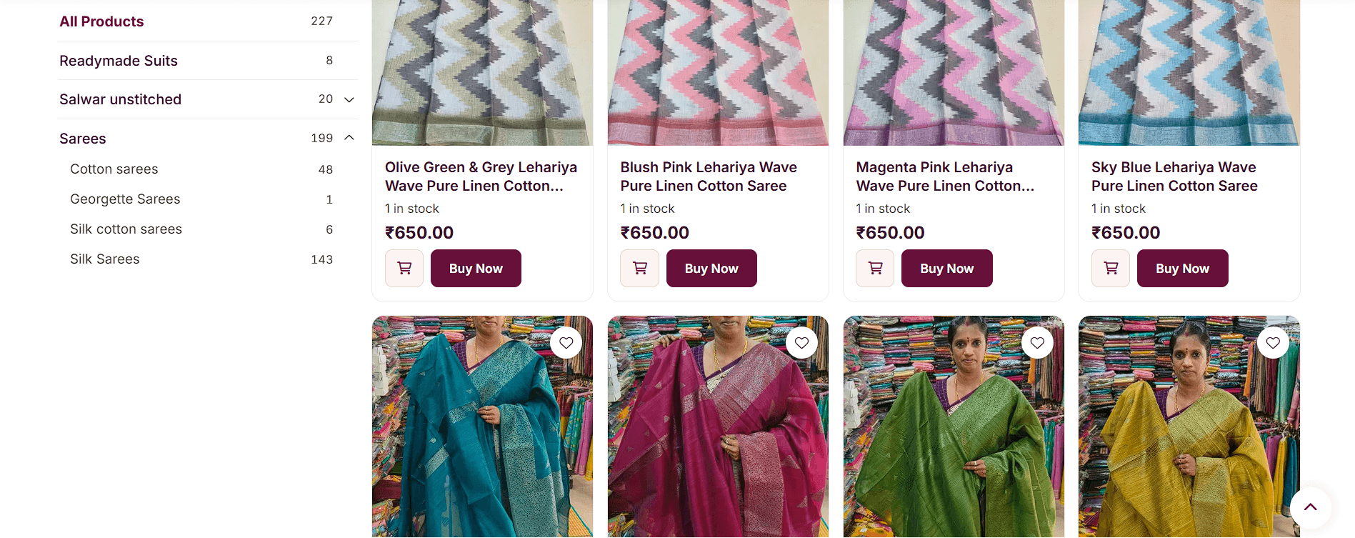 Deepam Boutique home page, more Recommended Picks: Leheriya wave pure linen cotton sarees in olive, blush pink, magenta and sky blue at ₹650, above a row of silk sarees modelled in the shop.