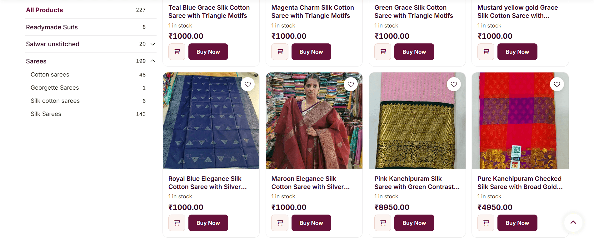 Deepam Boutique home page, more Recommended Picks: silk cotton sarees with triangle and silver motifs at ₹1000, a pink Kanchipuram silk saree at ₹8950 and a checked Kanchipuram silk saree at ₹4950.