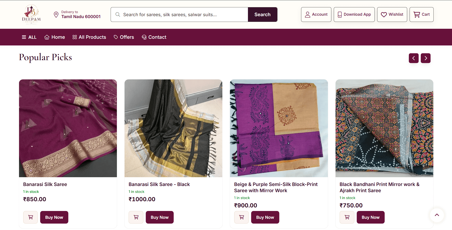 Deepam Boutique storefront header: logo, delivery to Tamil Nadu 600001, a search box for sarees, silk sarees and salwar suits, Account, Download App, Wishlist and Cart buttons, and a menu with All Products, Offers and Contact above the Popular Picks heading.