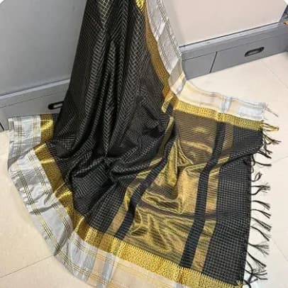 Black Banarasi silk saree with gold checks and silver border