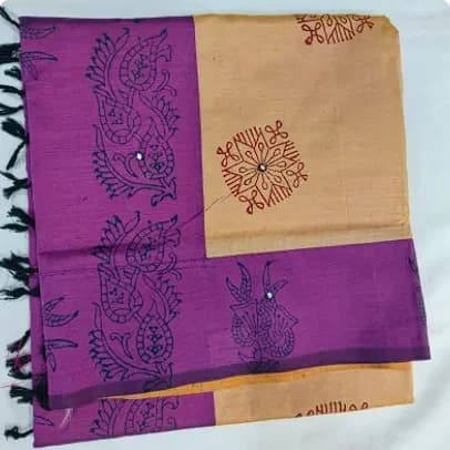 Beige and purple semi-silk block-print saree with mirror work