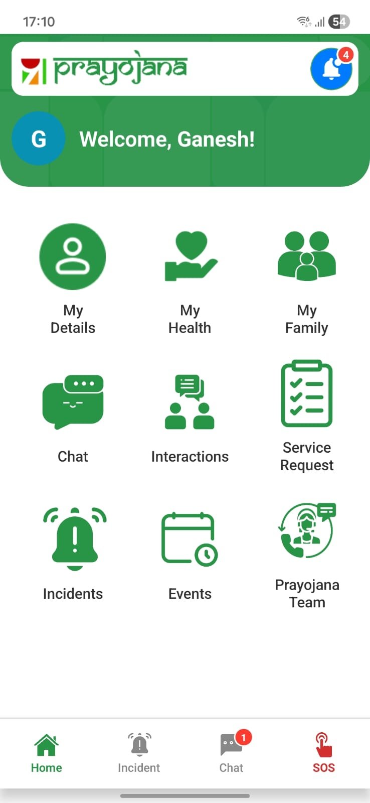 Prayojana app home screen: a welcome header, then My Details, My Health, My Family, Chat, Interactions, Service Request, Incidents, Events and the Prayojana Team, with Home, Incident, Chat and SOS in the bottom bar.