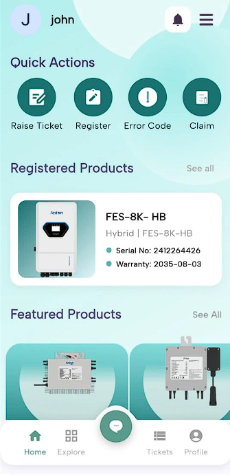 Festa Solar app home screen: quick actions to raise a ticket, register a product, look up an error code or make a claim, and the registered inverter with its serial number and warranty date.
